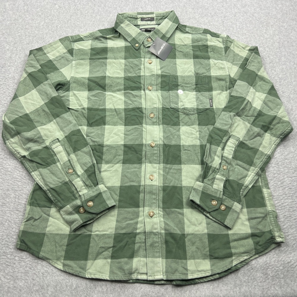 NEW Eddie Bauer Shirt Mens Large Green Plaid Classic Fit Eddies Favorite Flannel